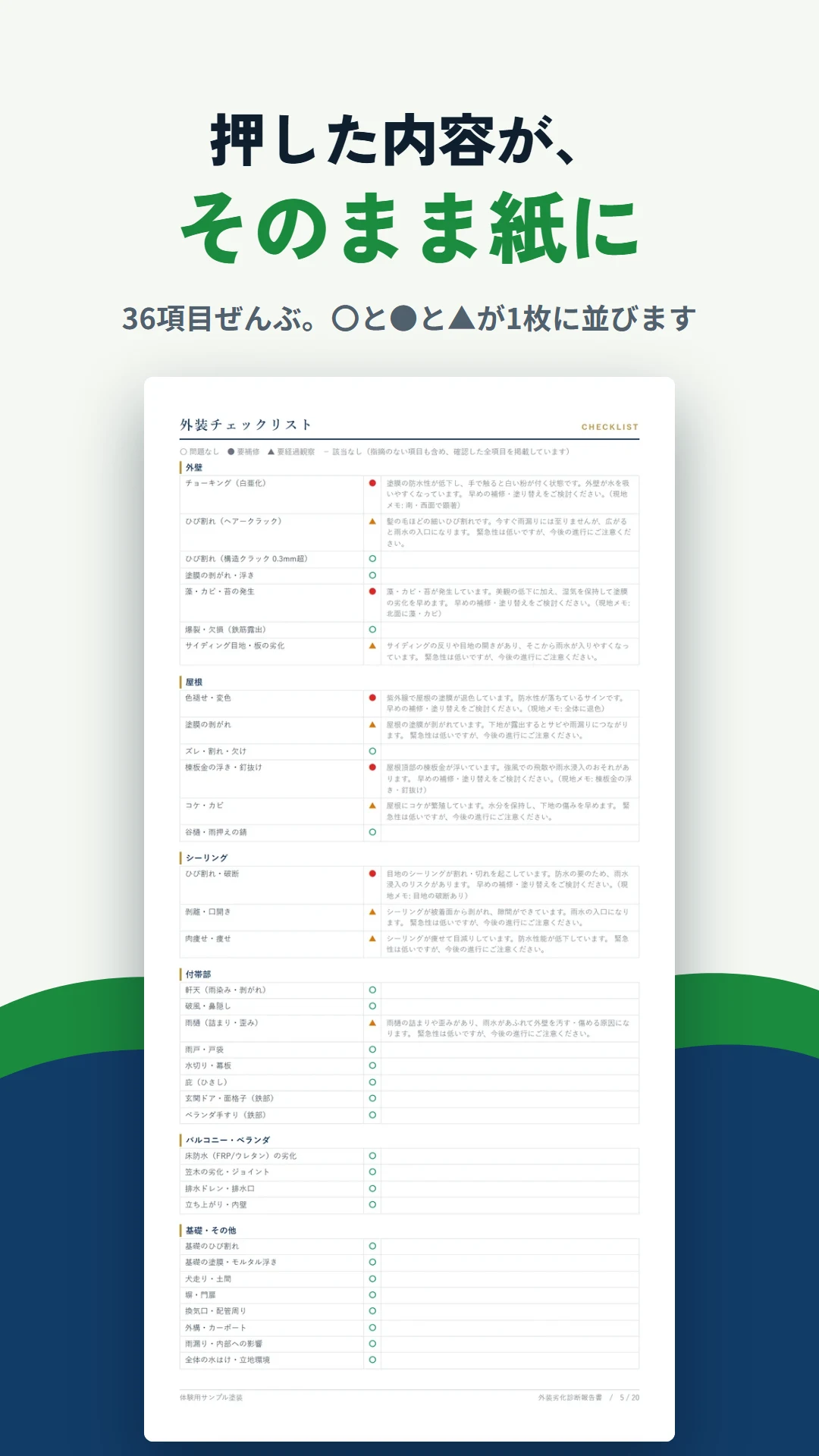 診断報告書の外装チェックリストのページ